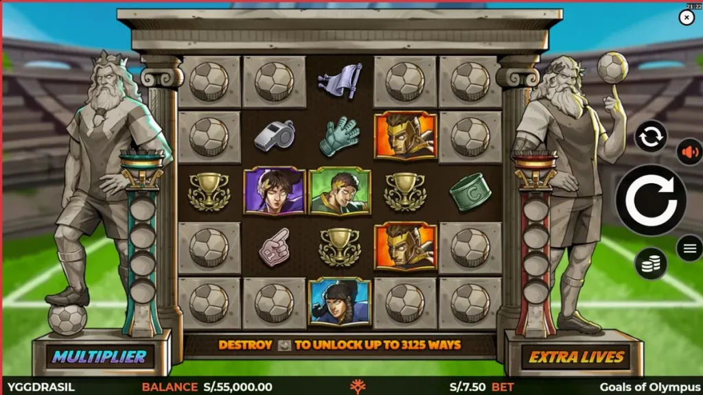 Goals of Olympus BoltLock slot machine display featuring Zeus and football elements