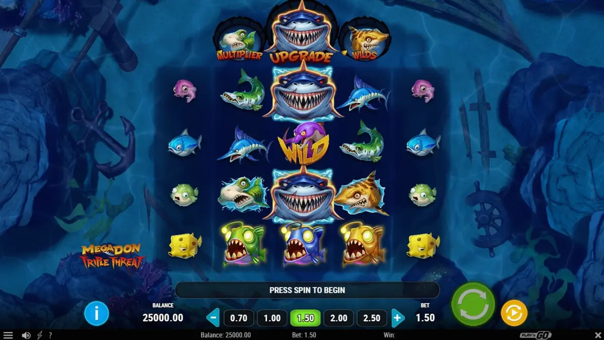Megadon Triple Threat slot machine interface featuring sharks and deep-sea theme